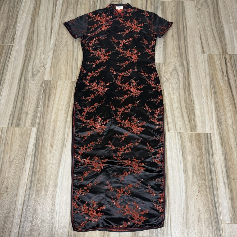 VTG Women Handmade Floral Silk‎ Long Cheongsam Dress Black & Red (42 ) M/L Qipao